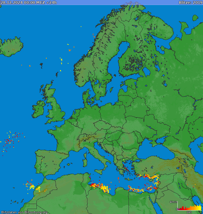 Lightning map Europe 2024-12-29